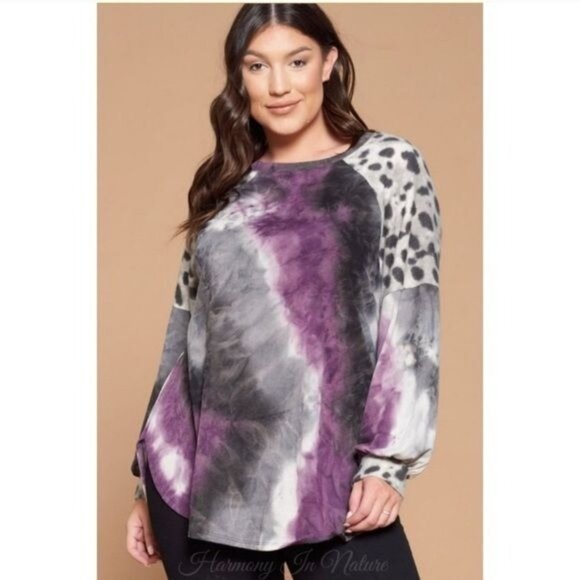 Womens Plus Size Top Purple Tie-Dye Leopard Print Long Sleeve by Emerald - Picture 5 of 12